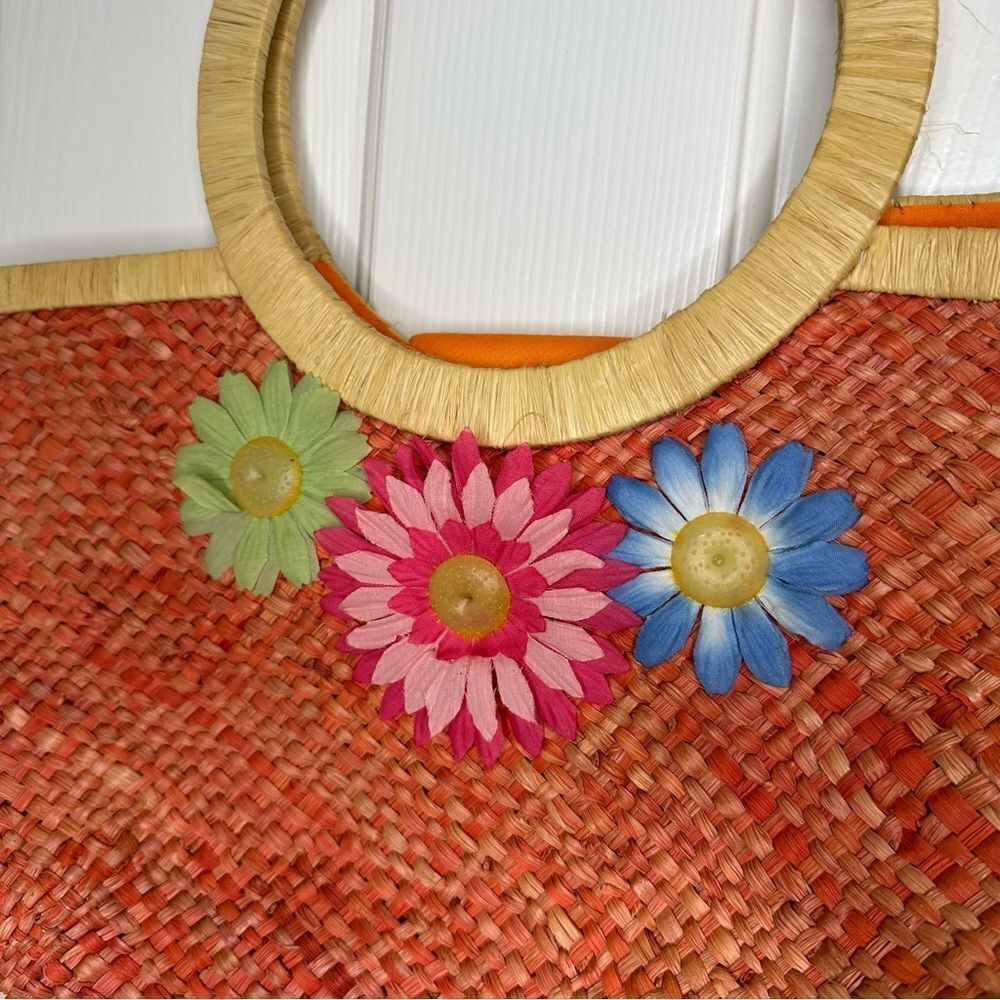VTG Marld Orange Woven Straw Floral Medium Sz Handbag Bohemian Retro Spring 90s - Picture 4 of 9